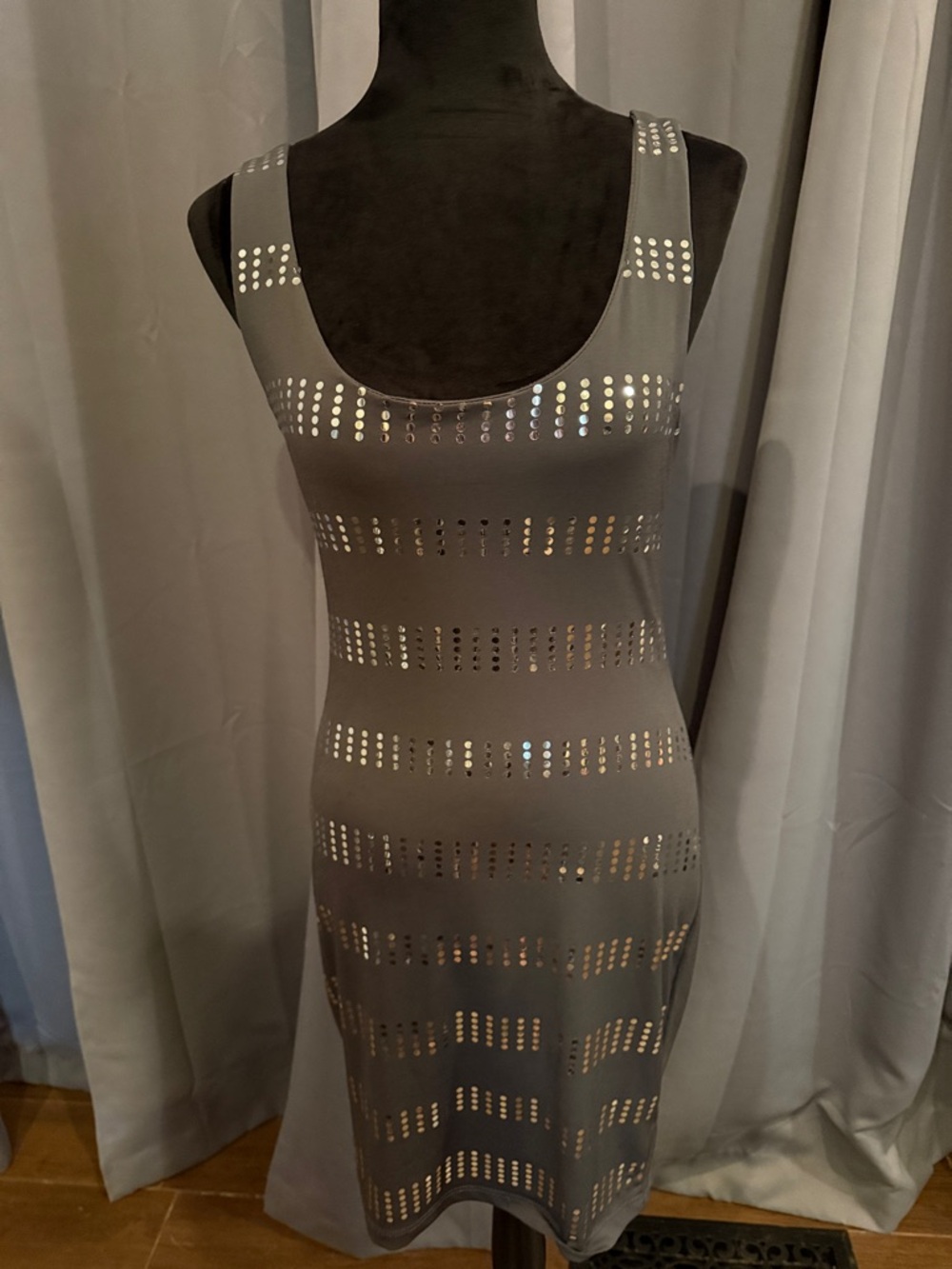 Rhapsody Silver-Studded Gray Mini Bodycon Dress